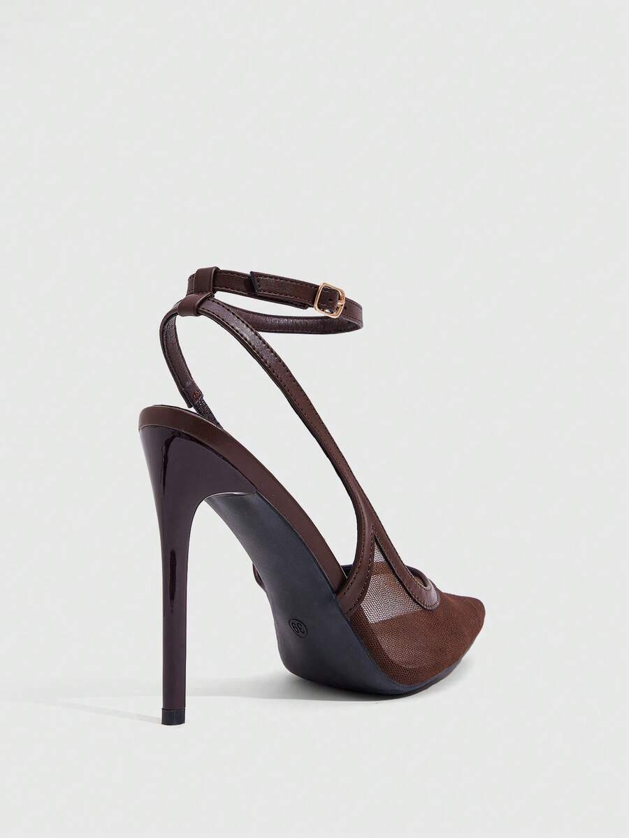 Women's pointed toe high heel shoes featuring breathable mesh detailing, stiletto heel, and adjustable ankle strap with buckle closure.