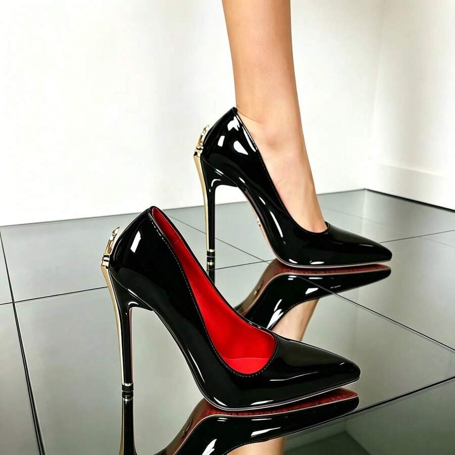 Glossy black pointed toe stiletto high heel pumps with bow detail for women