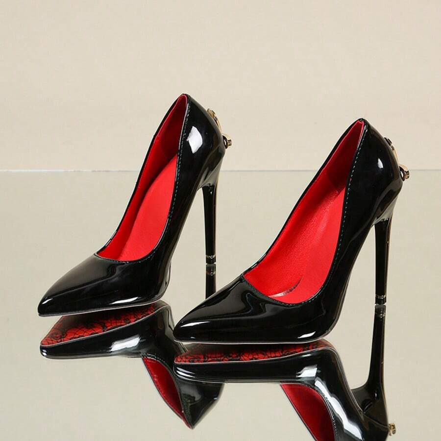 Glossy black pointed toe stiletto high heel pumps with bow detail for women