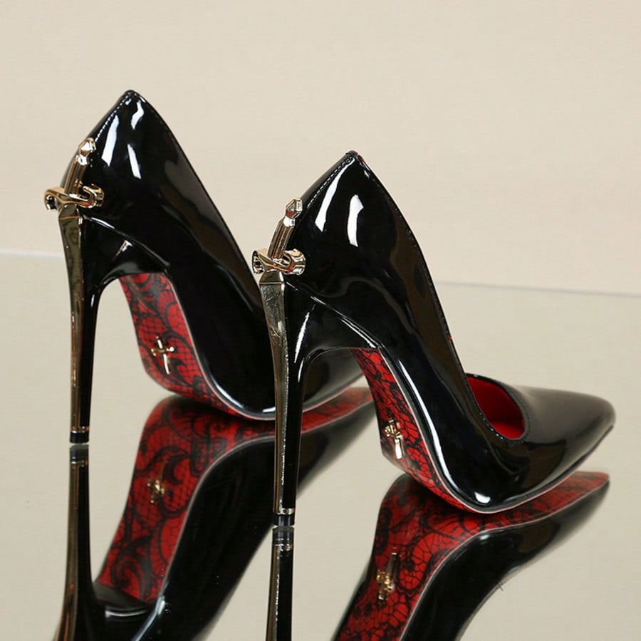 Glossy black pointed toe stiletto high heel pumps with bow detail for women