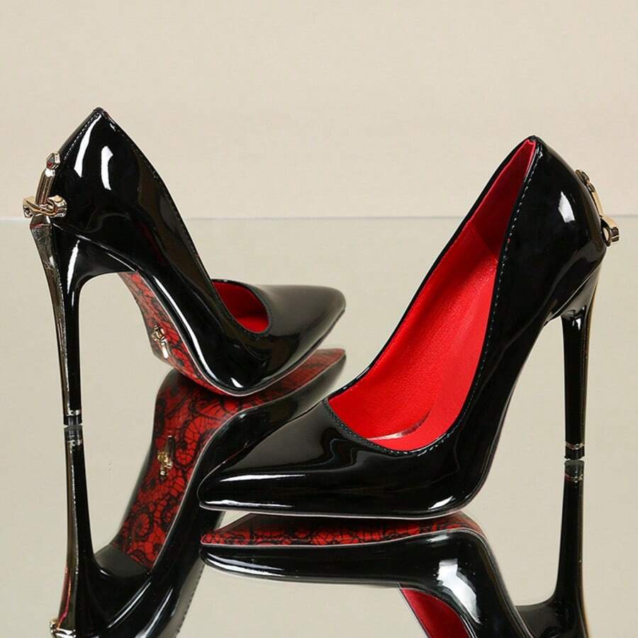 Glossy black pointed toe stiletto high heel pumps with bow detail for women