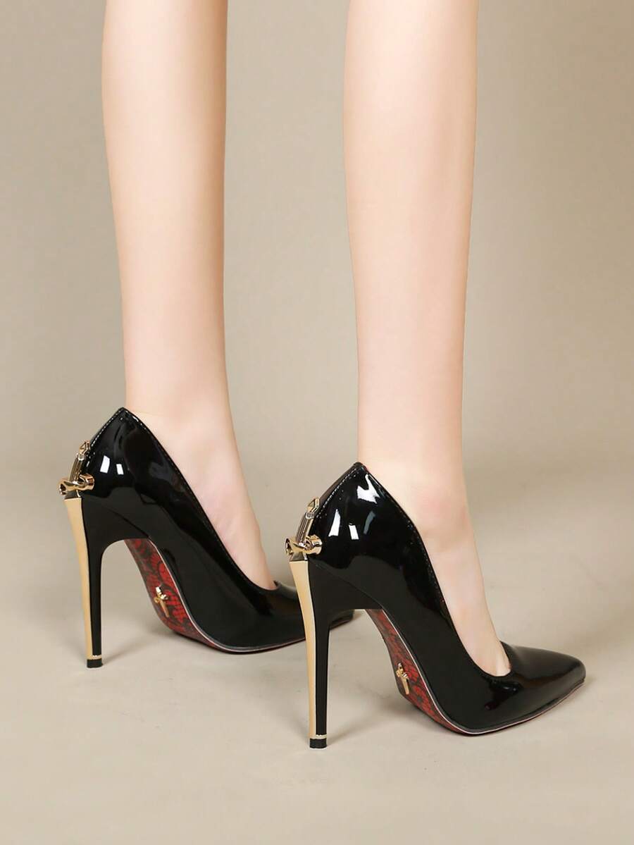 Glossy black pointed toe stiletto high heel pumps with bow detail for women