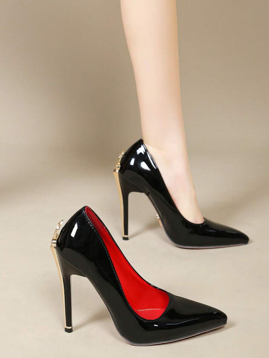 Glossy black pointed toe stiletto high heel pumps with bow detail for women