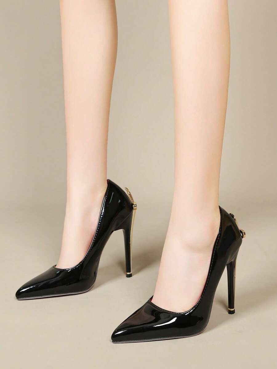 Glossy black pointed toe stiletto high heel pumps with bow detail for women
